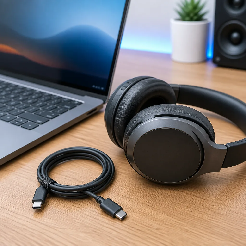 USB-C headphones resting on a desk next to a laptop, cable coiled neatly
