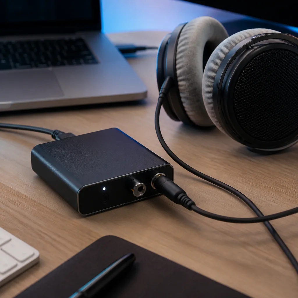 Small external USB DAC unit on a desk connected to a pair of studio style headphones