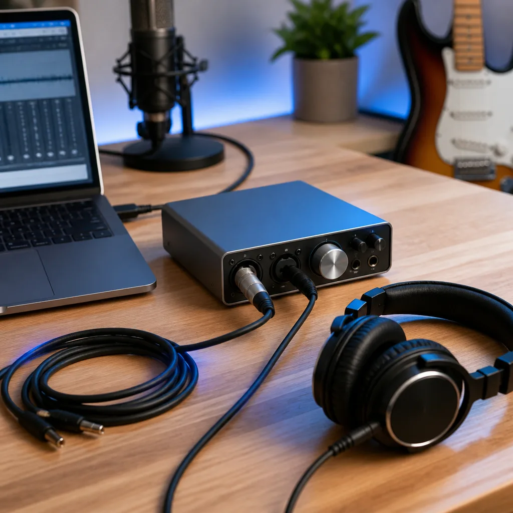 bureau de musicien avec une interface audio USB, des câbles et un casque bien rangés