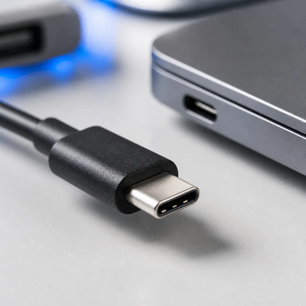 close up of a USB-C connector plug showing its oval shape and internal pins