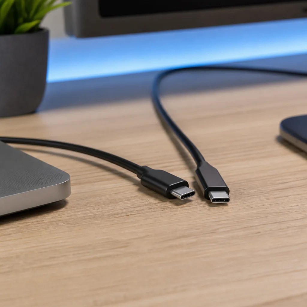 two USB-C cables lying side by side on a desk with different connector ends visible