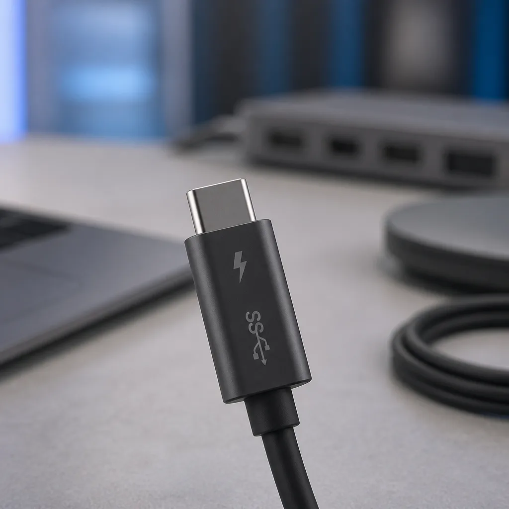 close up of a USB-C cable connector with small printed symbols and text near the plug
