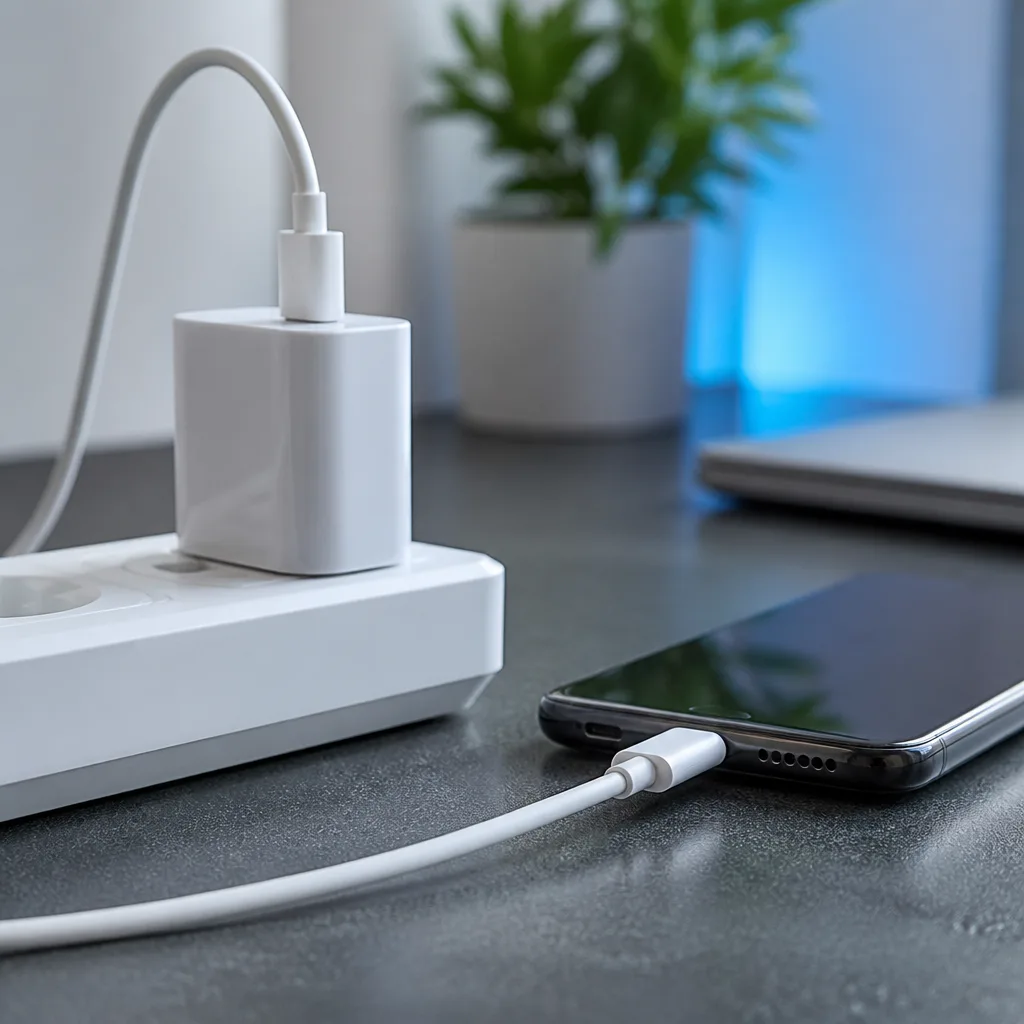 USB-C charger and cable plugged into a smartphone lying on a desk