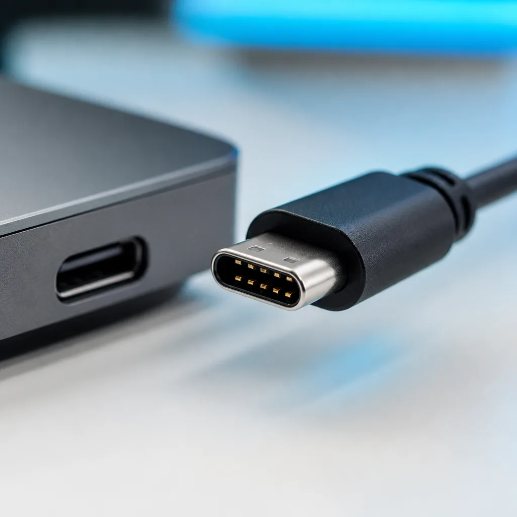 Diagram-style close-up of a USB-C plug with its contact pins visible