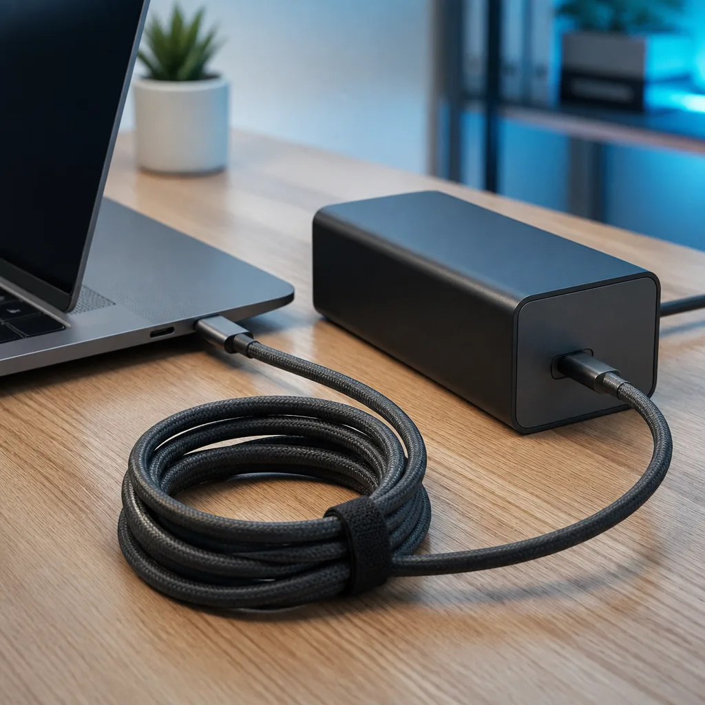 USB-C charger for a laptop with a thick, high current rated cable coiled beside it