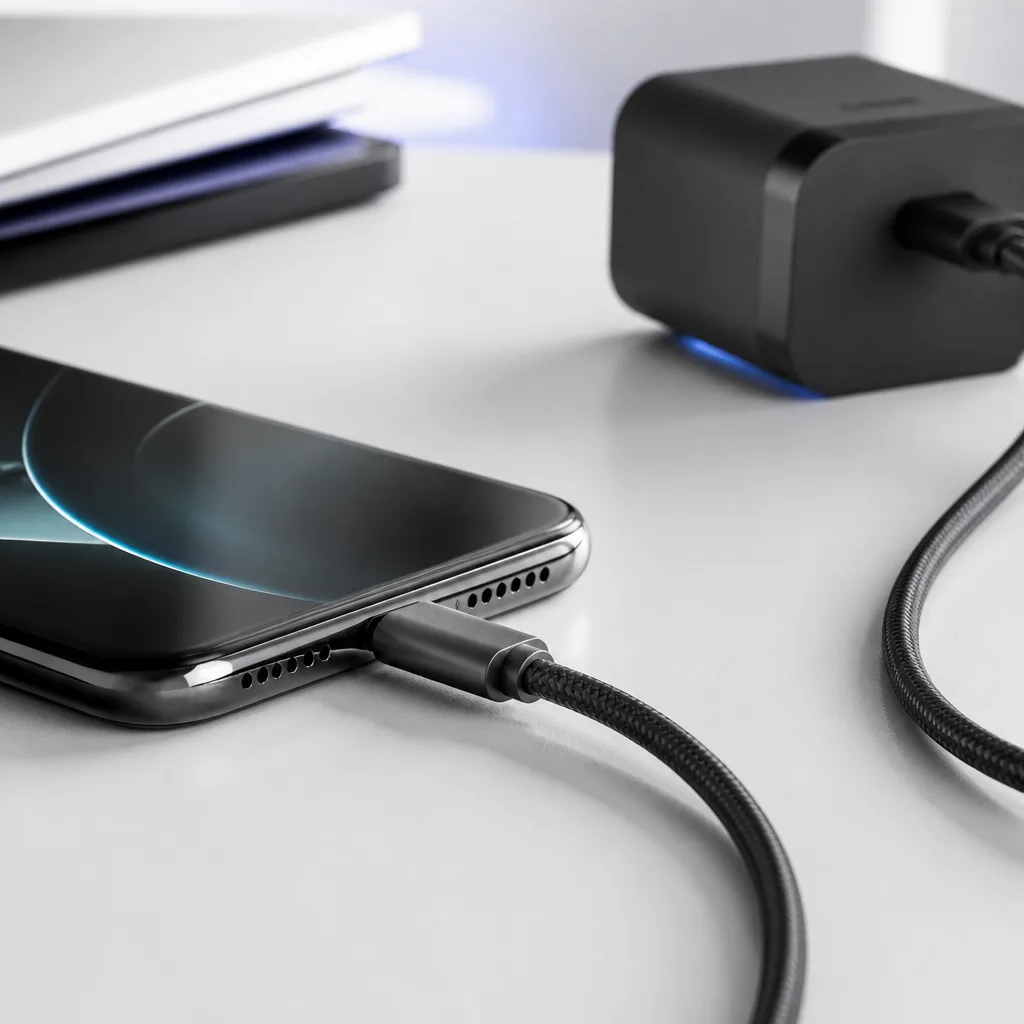 Smartphone charging cable with a warm to the touch style close-up of the connector