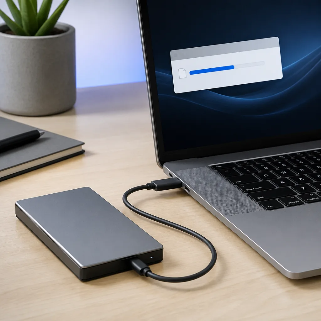 external drive connected to a laptop with a file transfer progress bar visible on screen