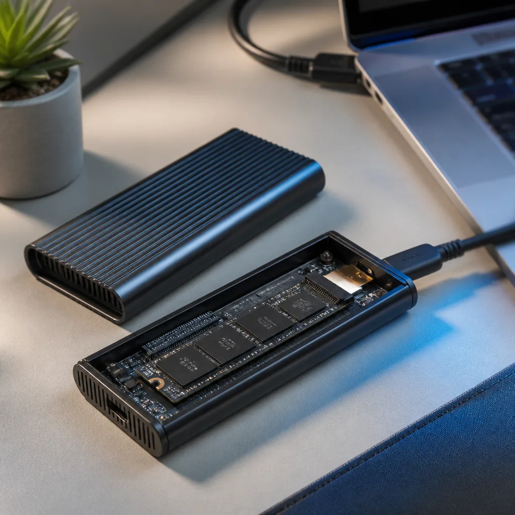external SSD enclosure open showing the small circuit board and NVMe drive inside