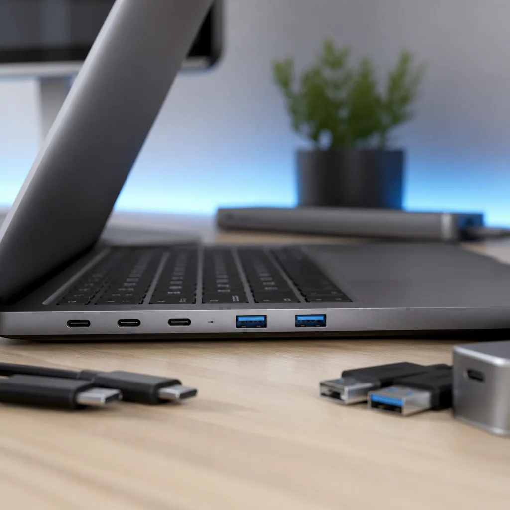 laptop side panel showing several USB-C and USB-A ports close together