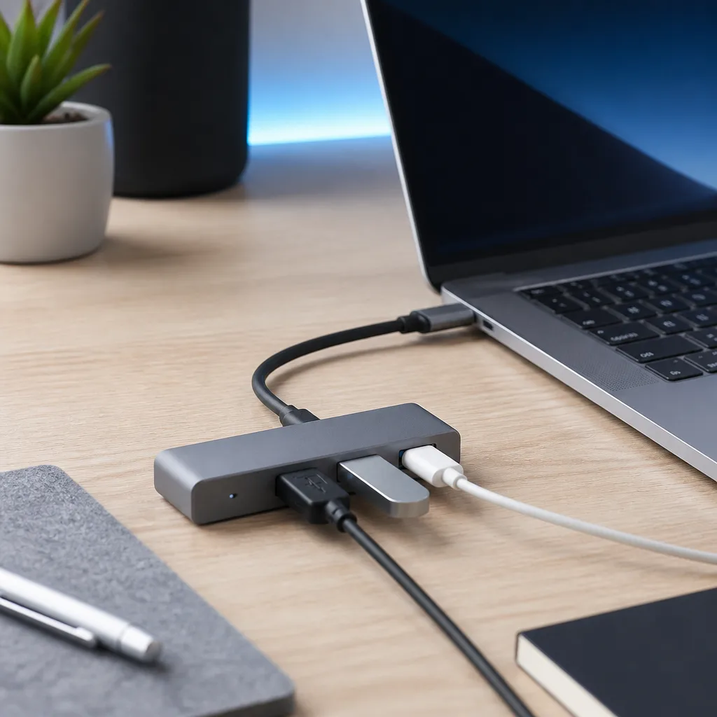 small USB hub with several ports connected to a laptop on a desk