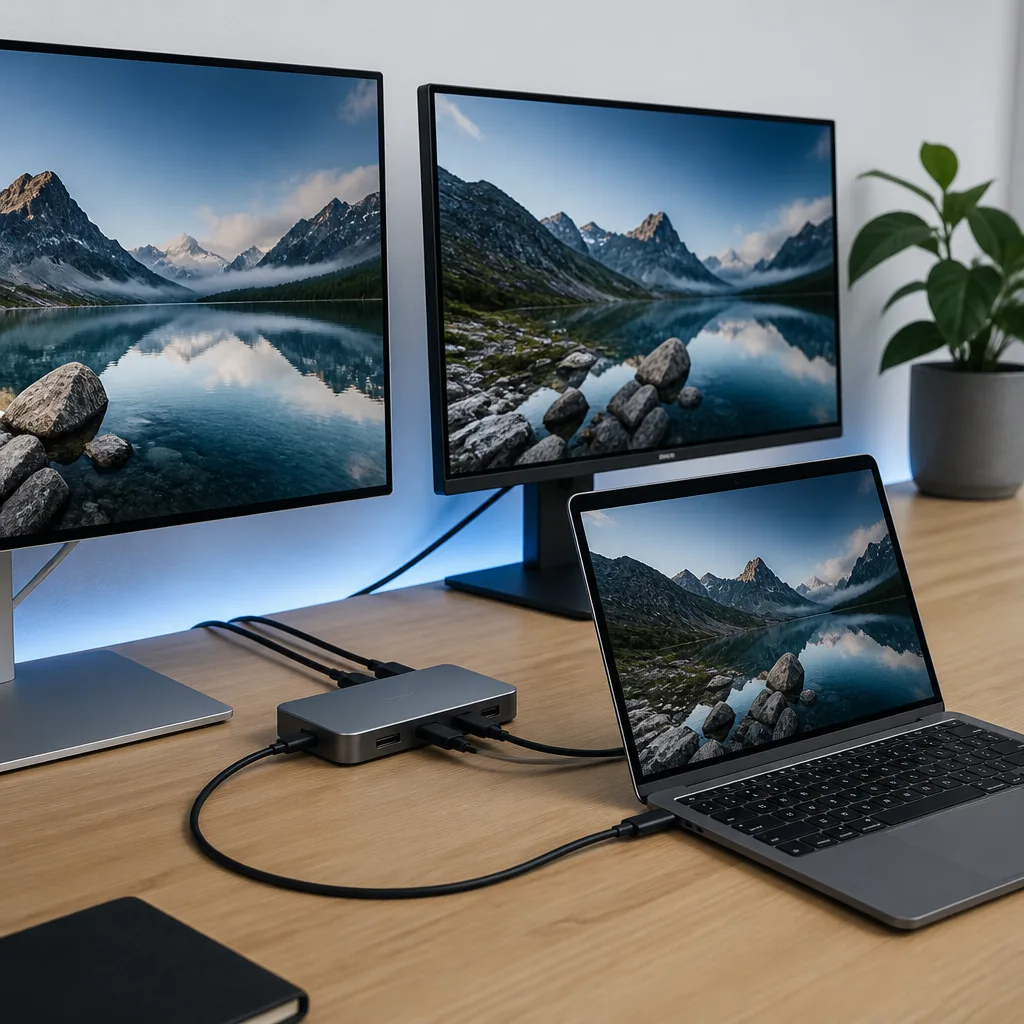dock on a desk connected to two external monitors and a laptop with a single cable