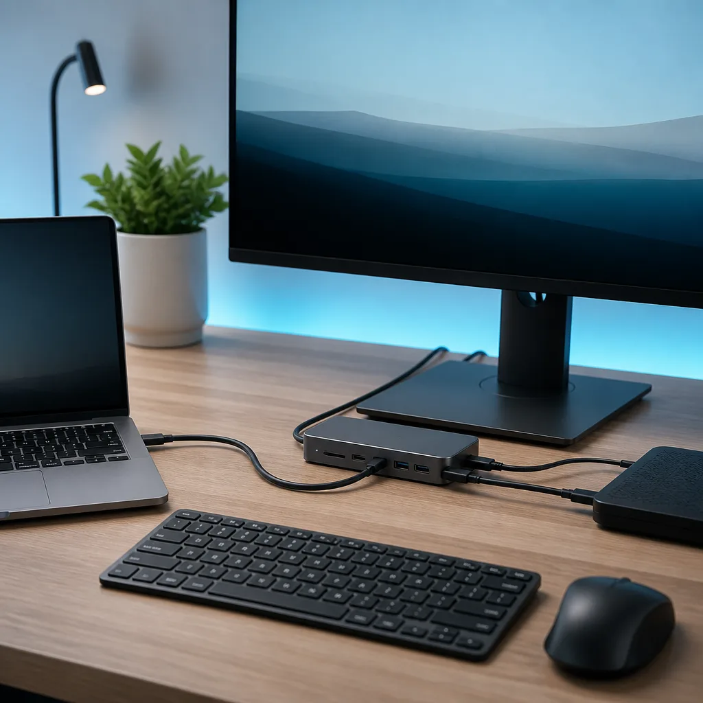 tidy desk setup with a laptop, a dock, a monitor, a keyboard and a mouse