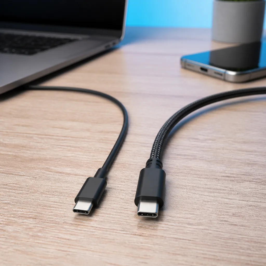 dos cables USB-C de distinto grosor colocados uno junto al otro sobre un escritorio