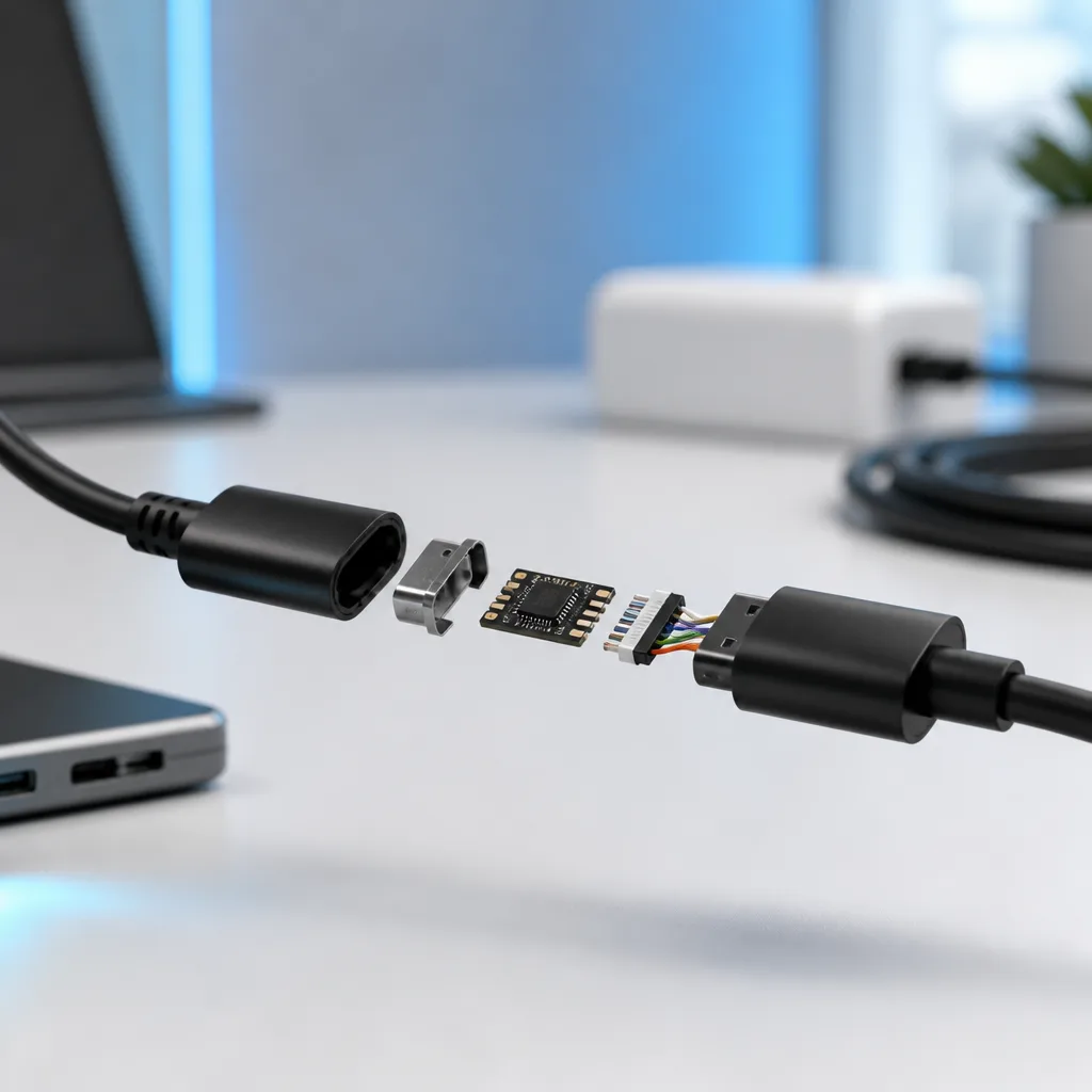 fotografía tipo diagrama despiezado de un conector de cable USB-C con el pequeño chip interno visible