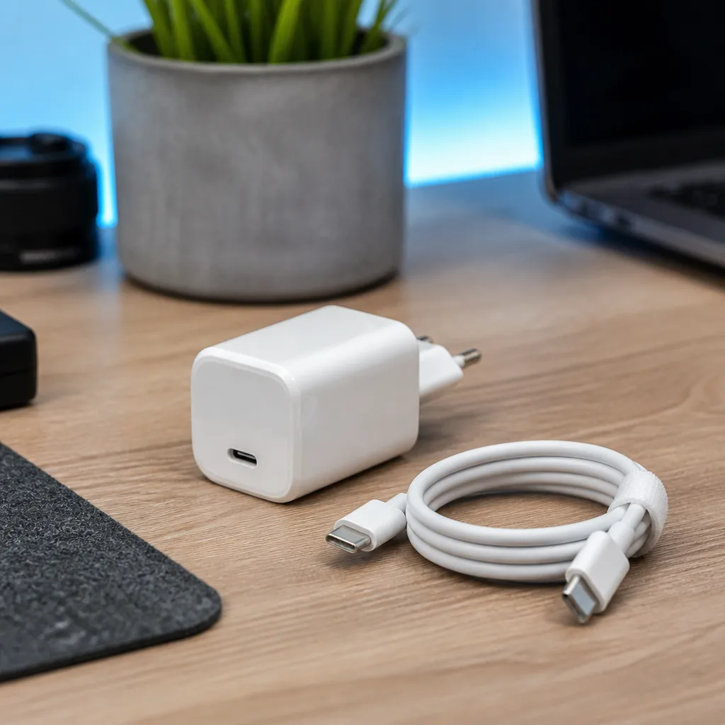 Compact white USB-C wall charger on a wooden desk next to a folded cable