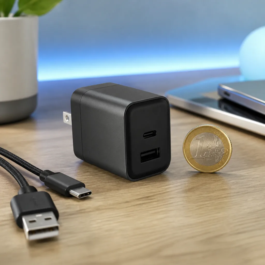 Small GaN charger next to a coin for scale, showing its compact size on a desk