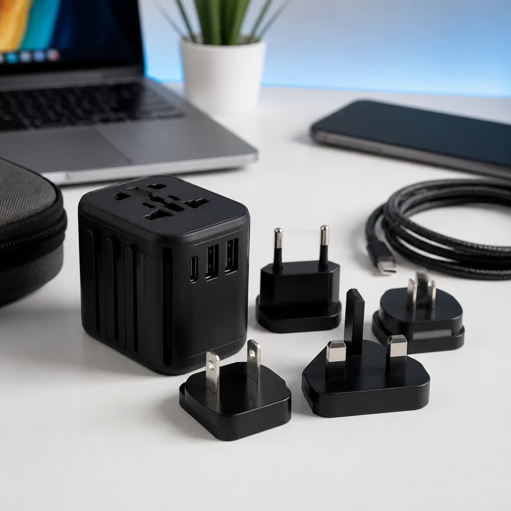 Universal travel adapter with several interchangeable plug pins laid out beside it