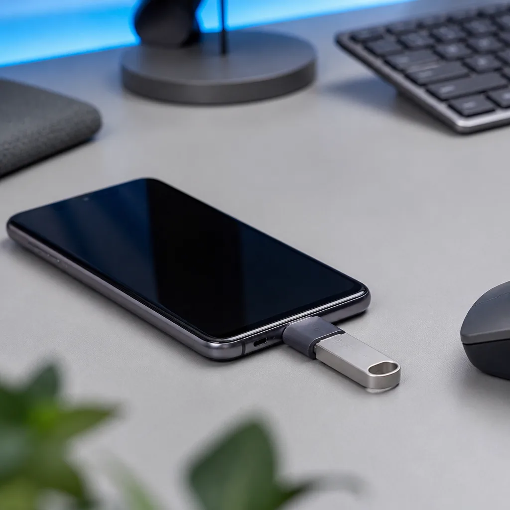 Smartphone with a small USB-C flash drive plugged directly into it, resting on a desk