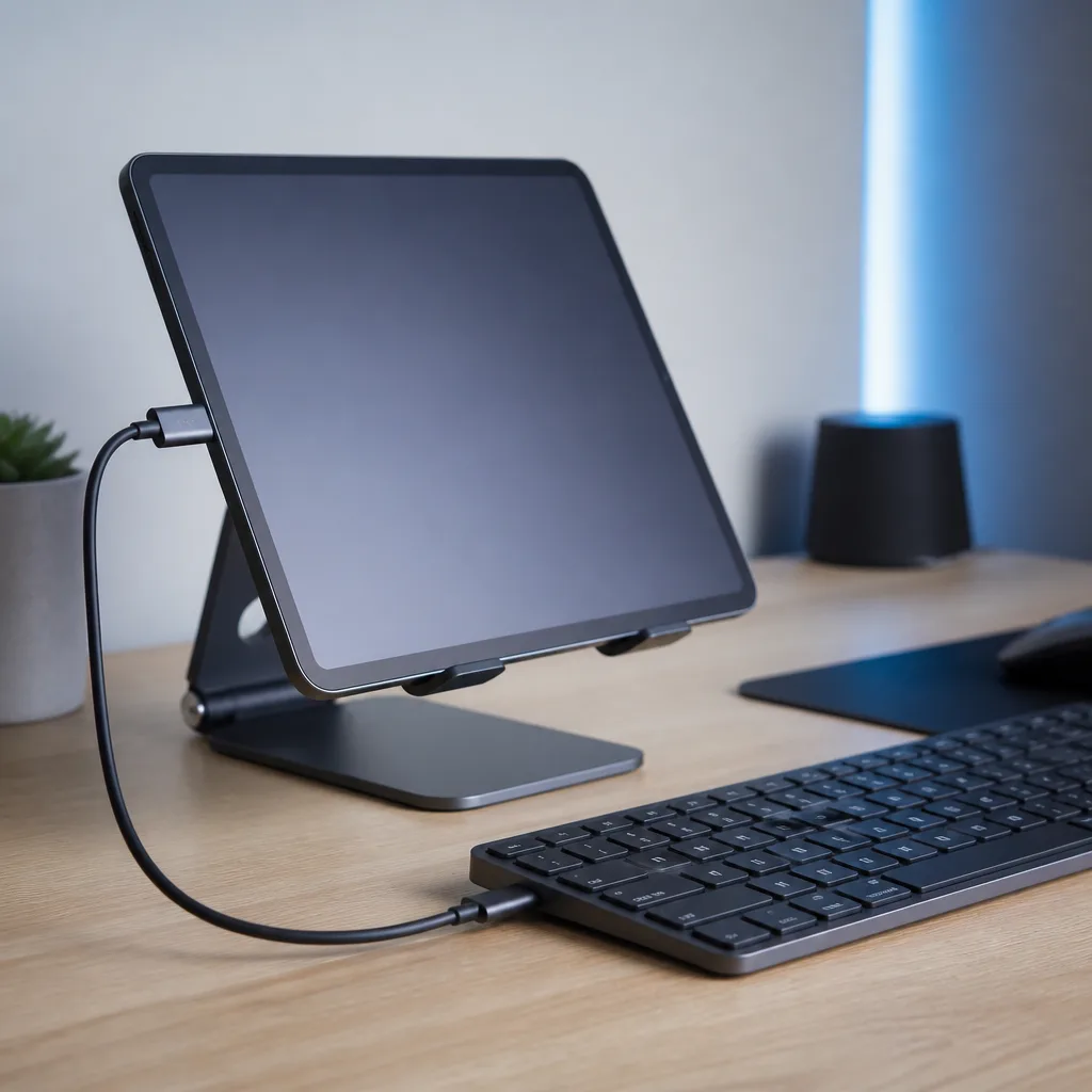 Tablet propped up on a stand with a compact USB-C keyboard connected beside it