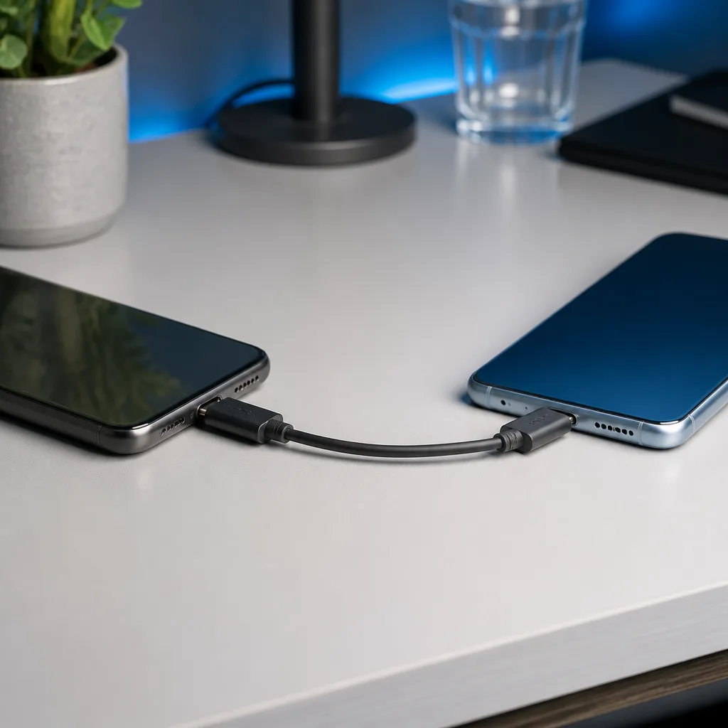 Two smartphones placed back to back on a desk connected by a short USB-C cable