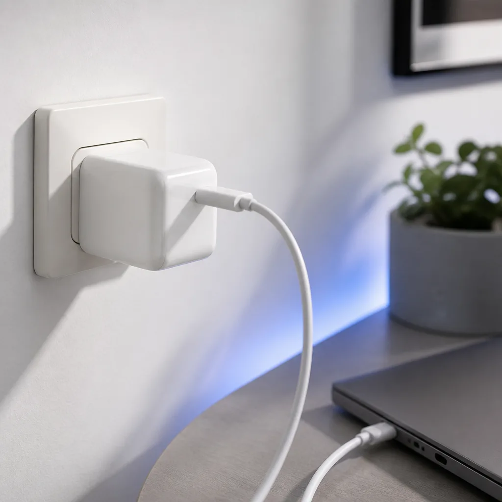 USB-C wall charger plugged into an outlet with a cable connected to it