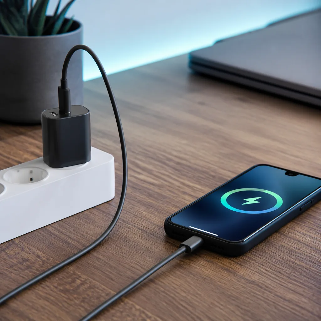 smartphone charging on a desk with a small USB-C charger and cable