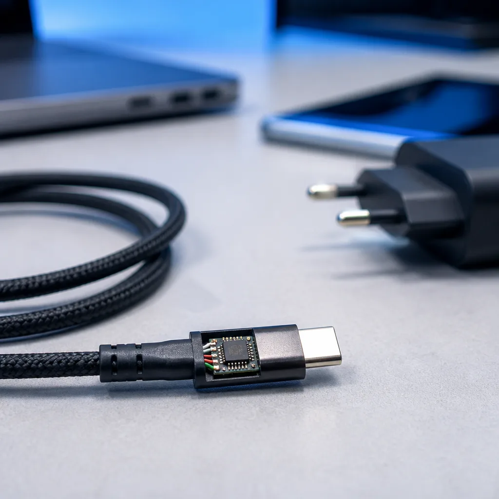 close up of a USB-C cable connector showing the small e-marker chip location near the plug