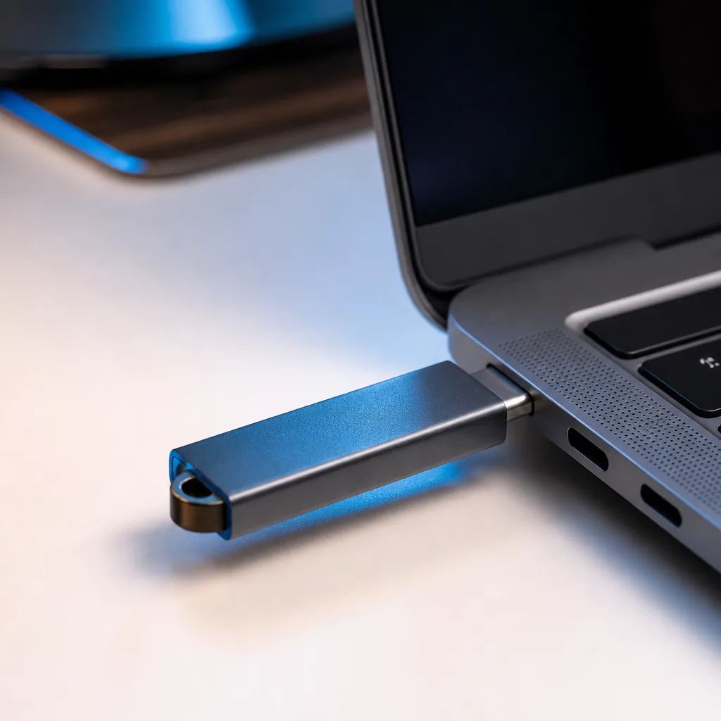 Close-up of a USB-C flash drive being inserted into a laptop port, port lit by a soft desk lamp