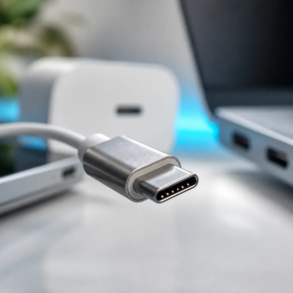 USB-C cable connector tip shown close up, focus on the metal contacts and plastic shell