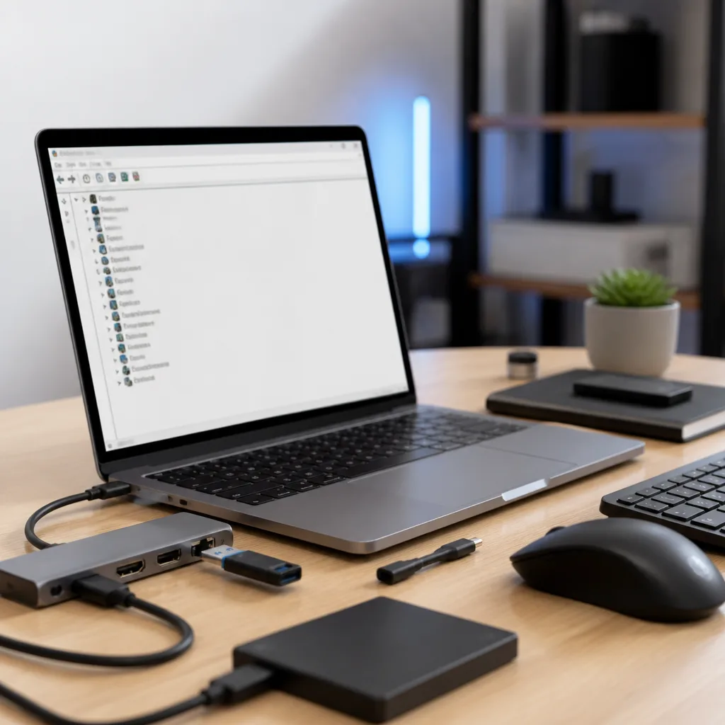 Laptop screen showing a generic device manager style list of connected hardware, desk in soft focus