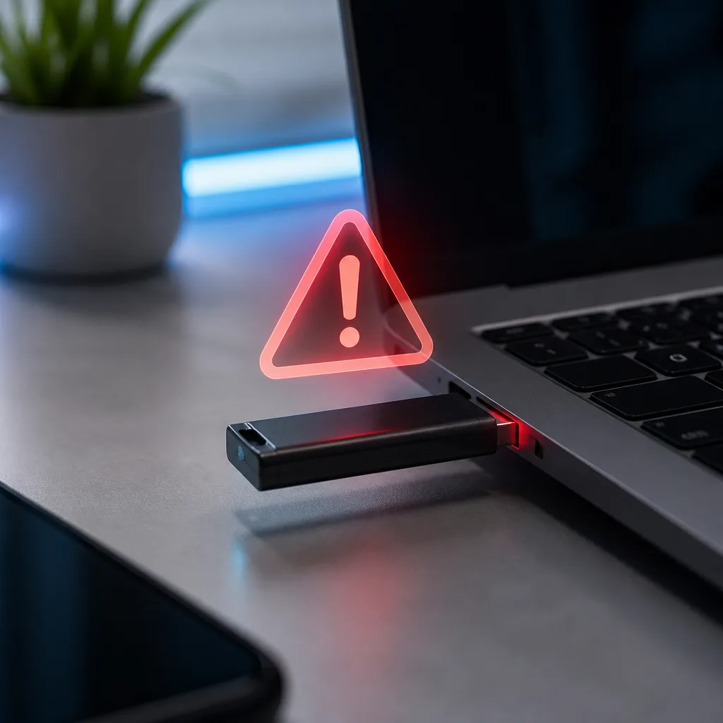 USB flash drive plugged into a laptop with a warning symbol overlay