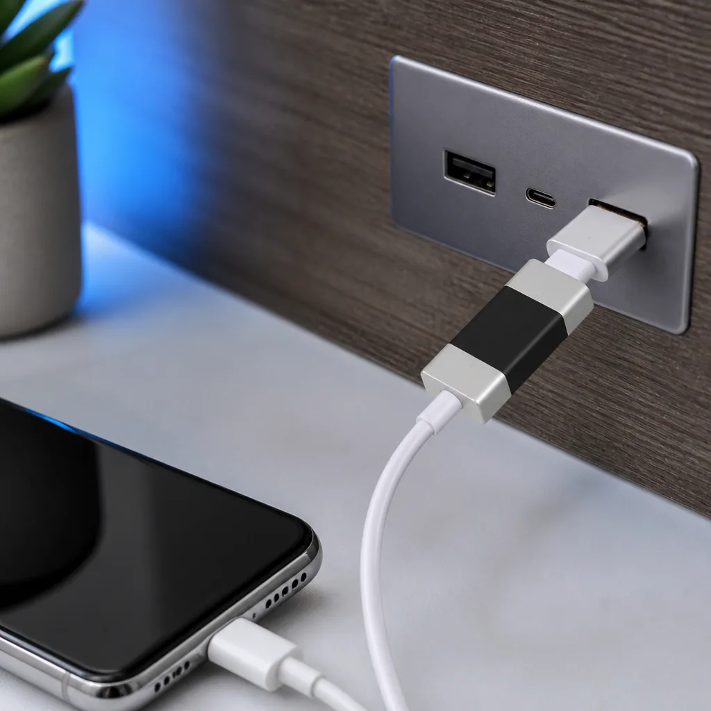 small USB data blocker adapter plugged between a phone cable and a public charging port