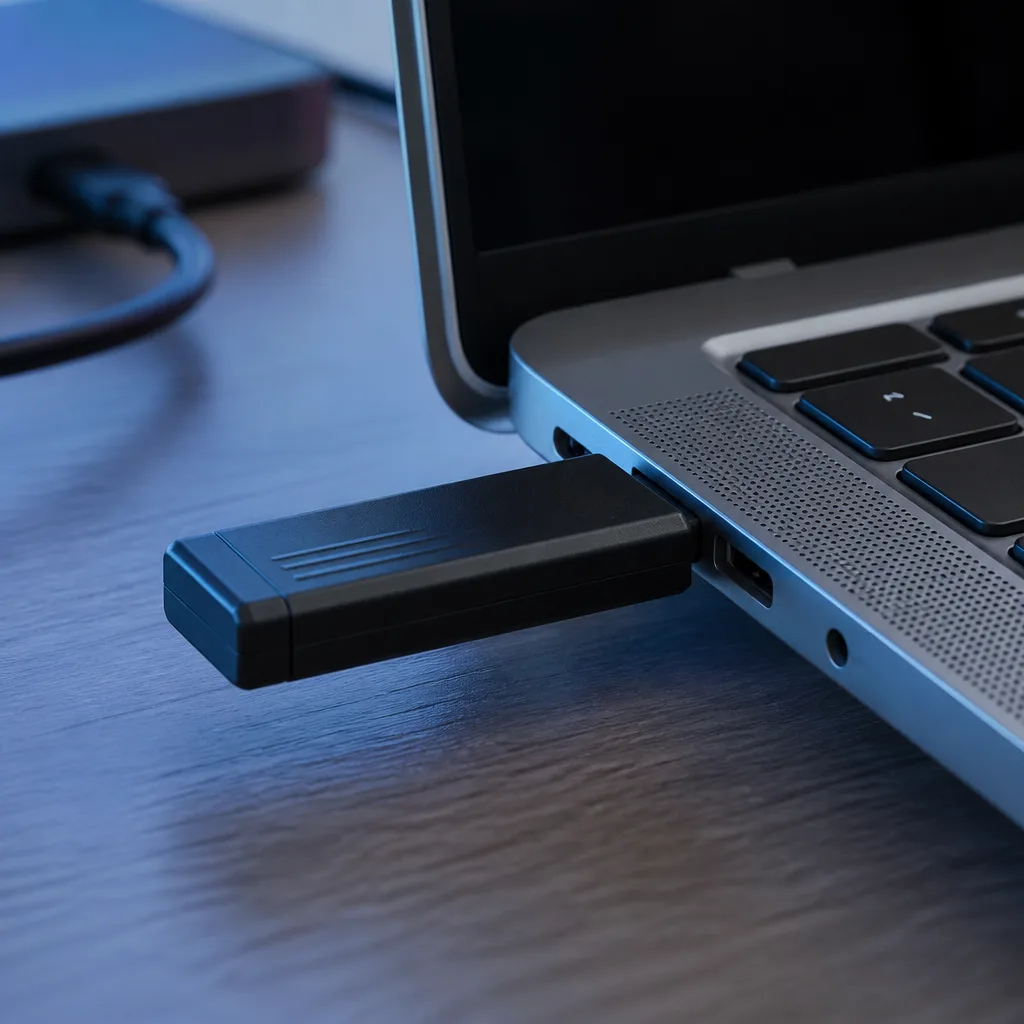 USB flash drive shaped device plugged into a laptop port close up
