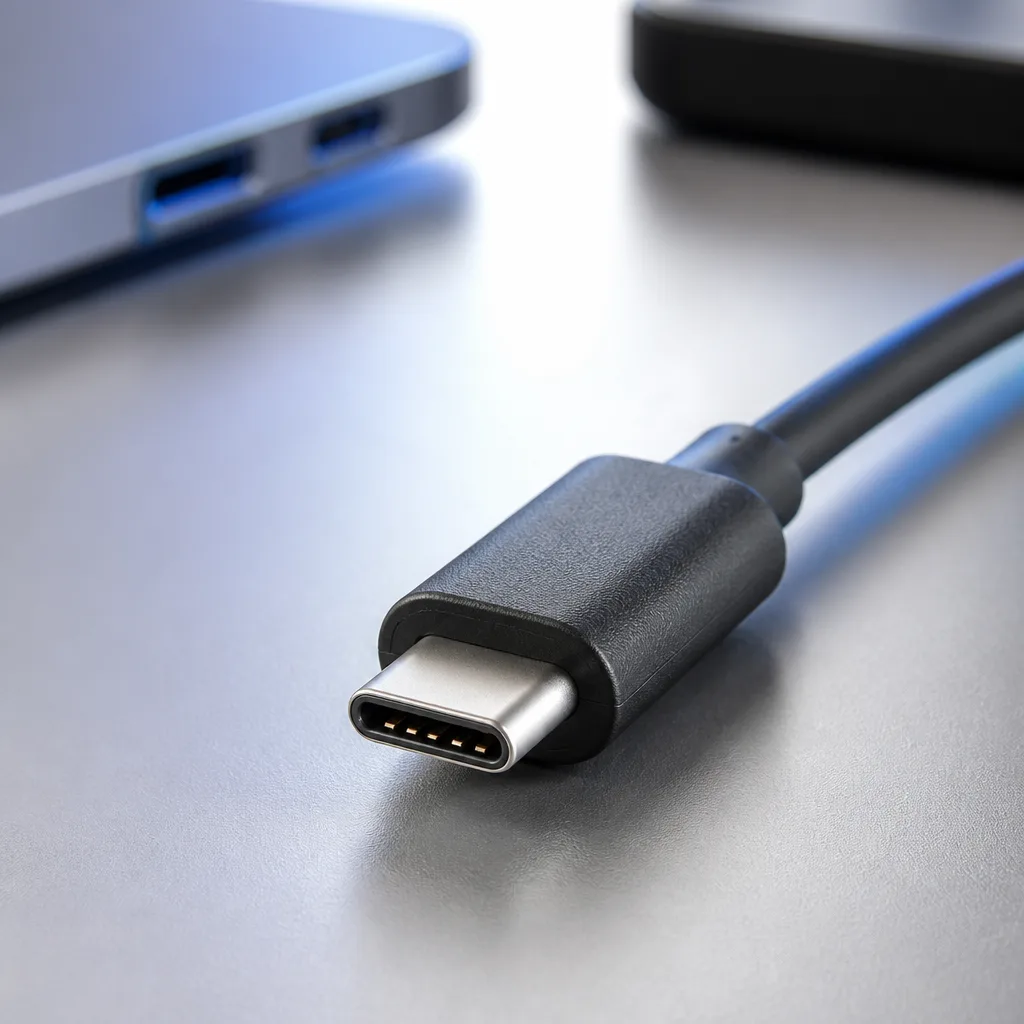 Close-up of a USB-C cable connector showing its metal contacts