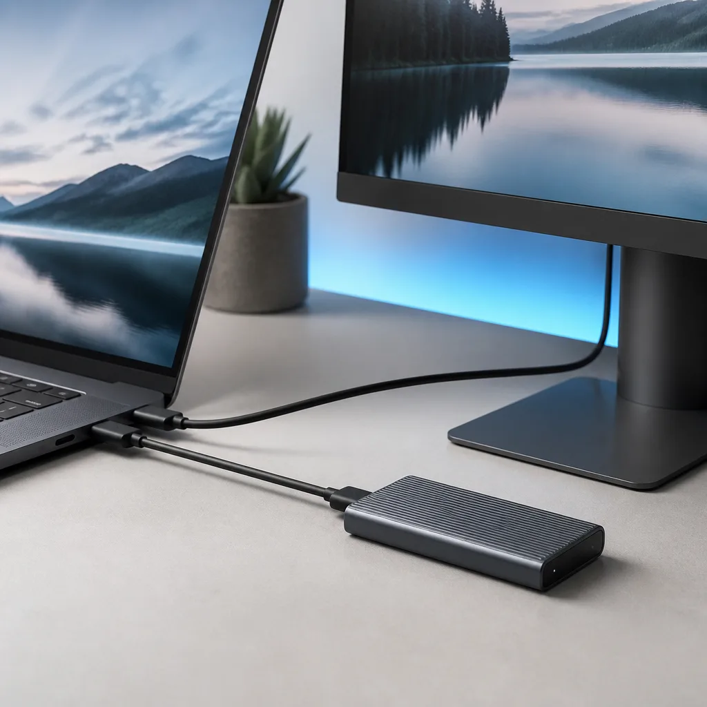 Laptop with two USB-C cables connected to an external monitor and an external SSD