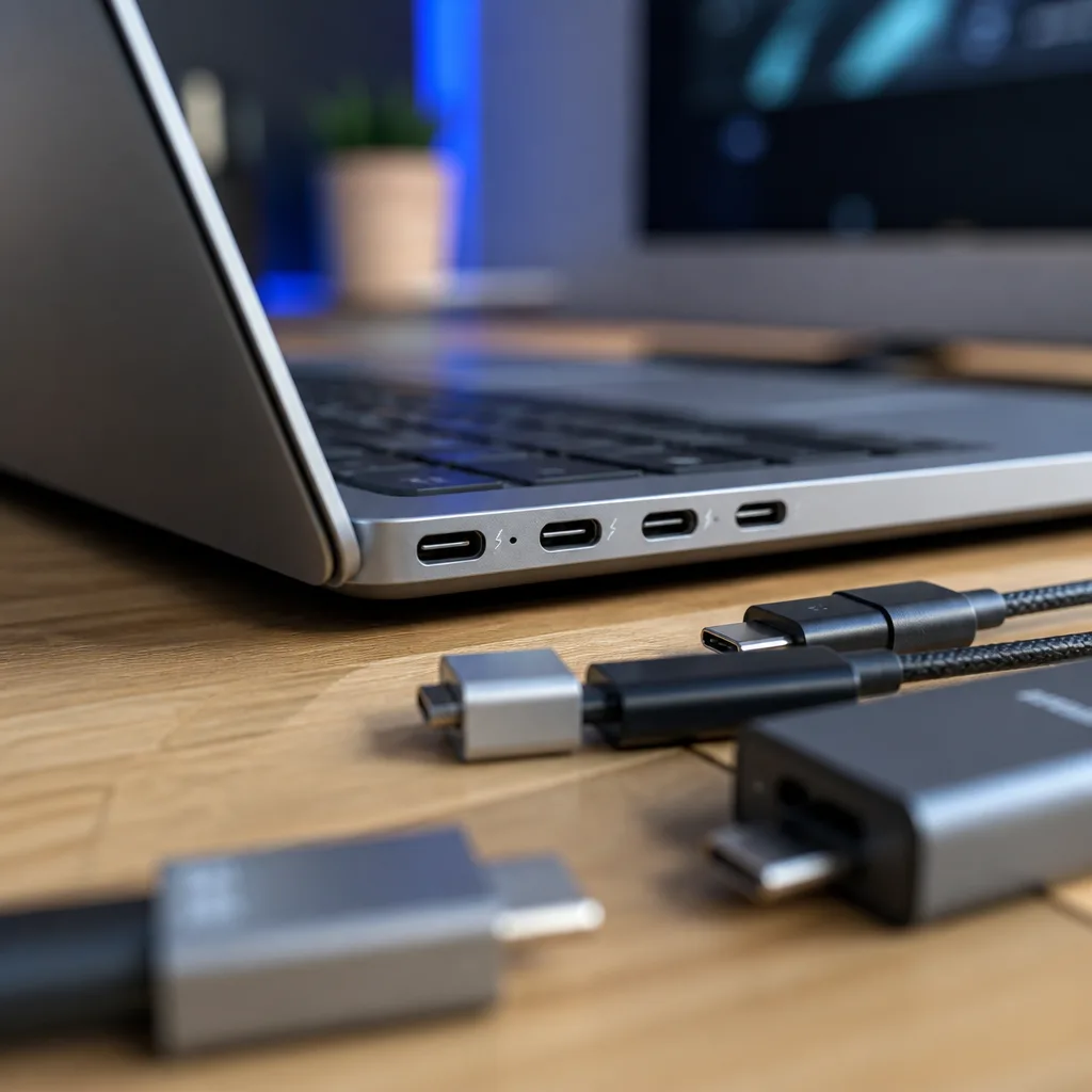 Row of USB-C ports on the side of a laptop, some marked with small icons