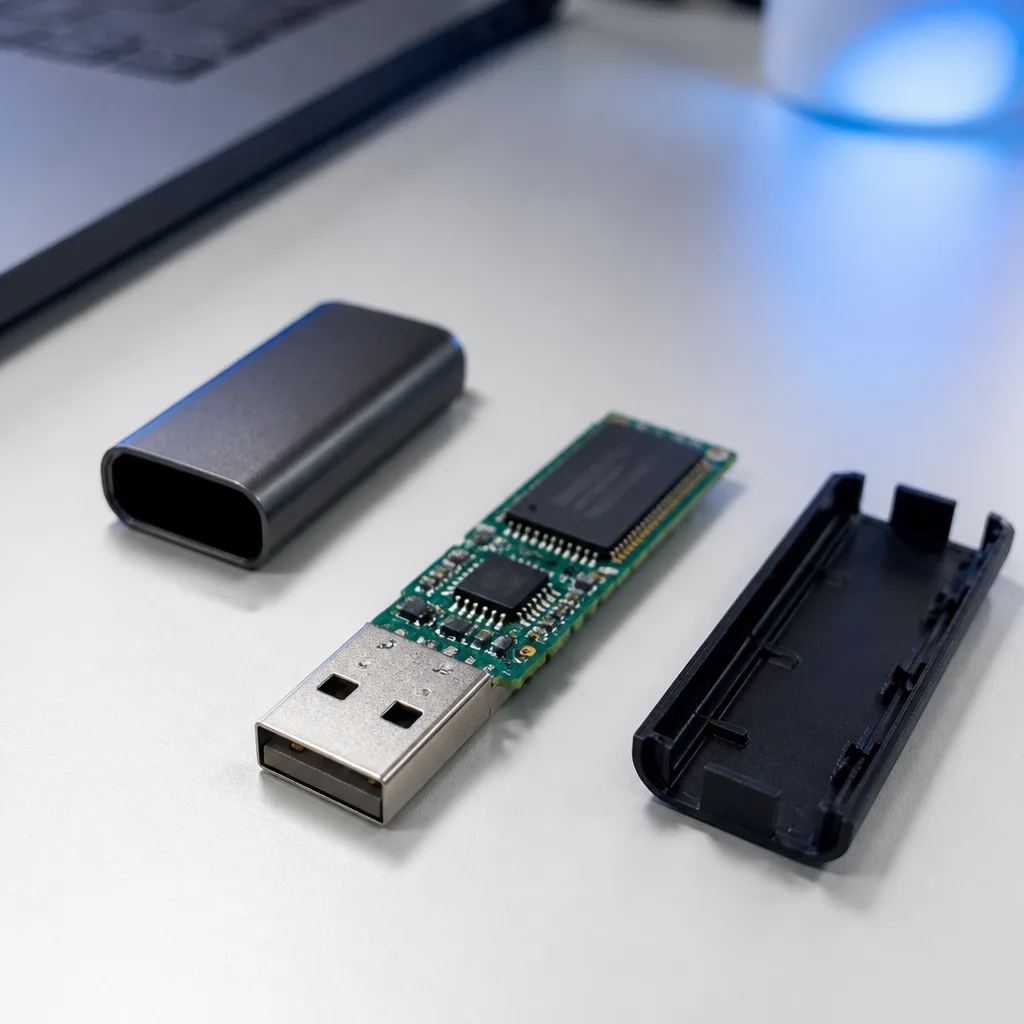 USB flash drive with its plastic casing removed showing the small circuit board inside