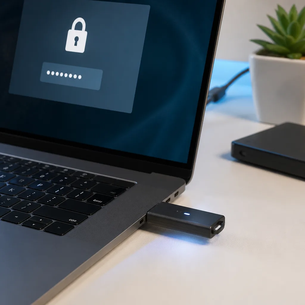 USB flash drive plugged into a laptop with a password entry screen visible