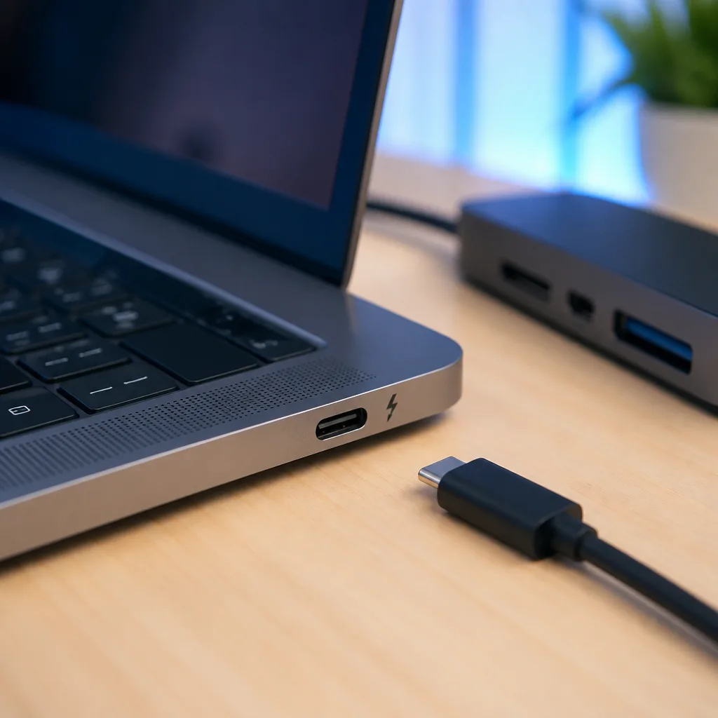 laptop USB-C port with a small thunderbolt style icon printed next to it