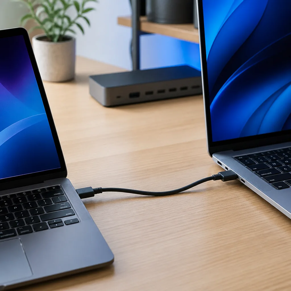 two laptops connected by a single USB-C cable on a desk