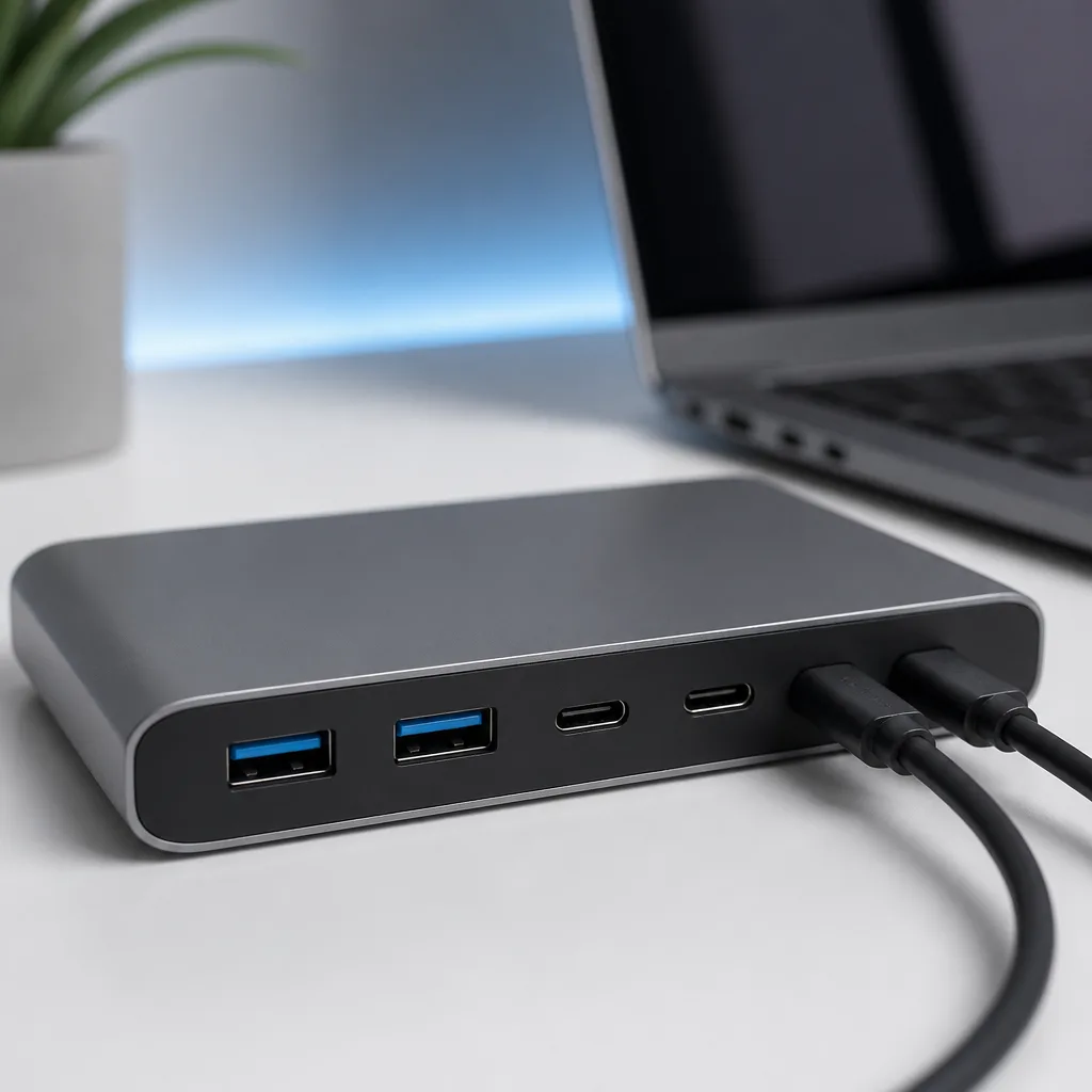 close up of a small dock with several USB-C and USB-A ports on its front edge