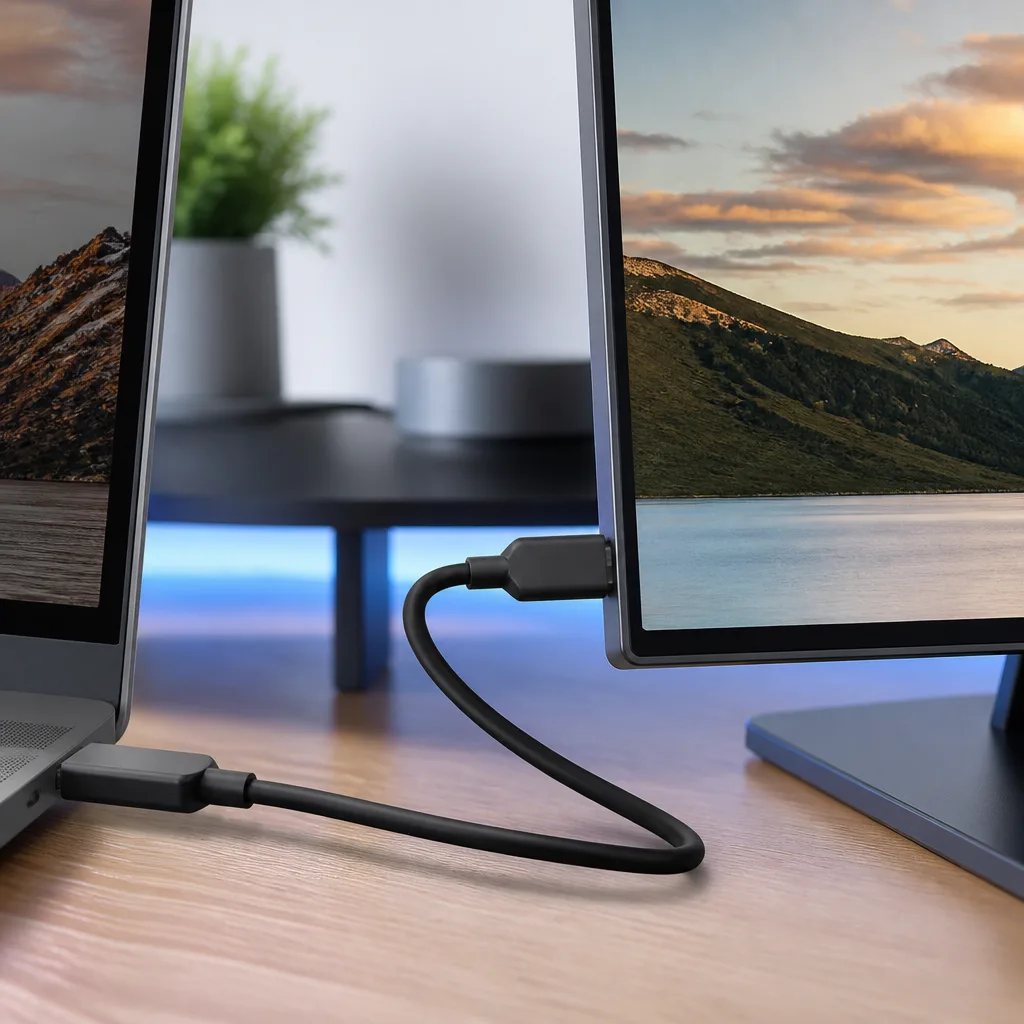 USB-C cable running from a laptop to a slim external monitor on a desk, cable in focus