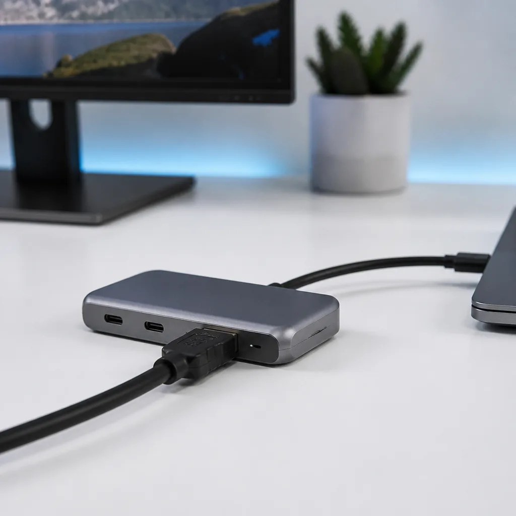 Compact USB-C docking station with an HDMI cable connected, desk setup in the background