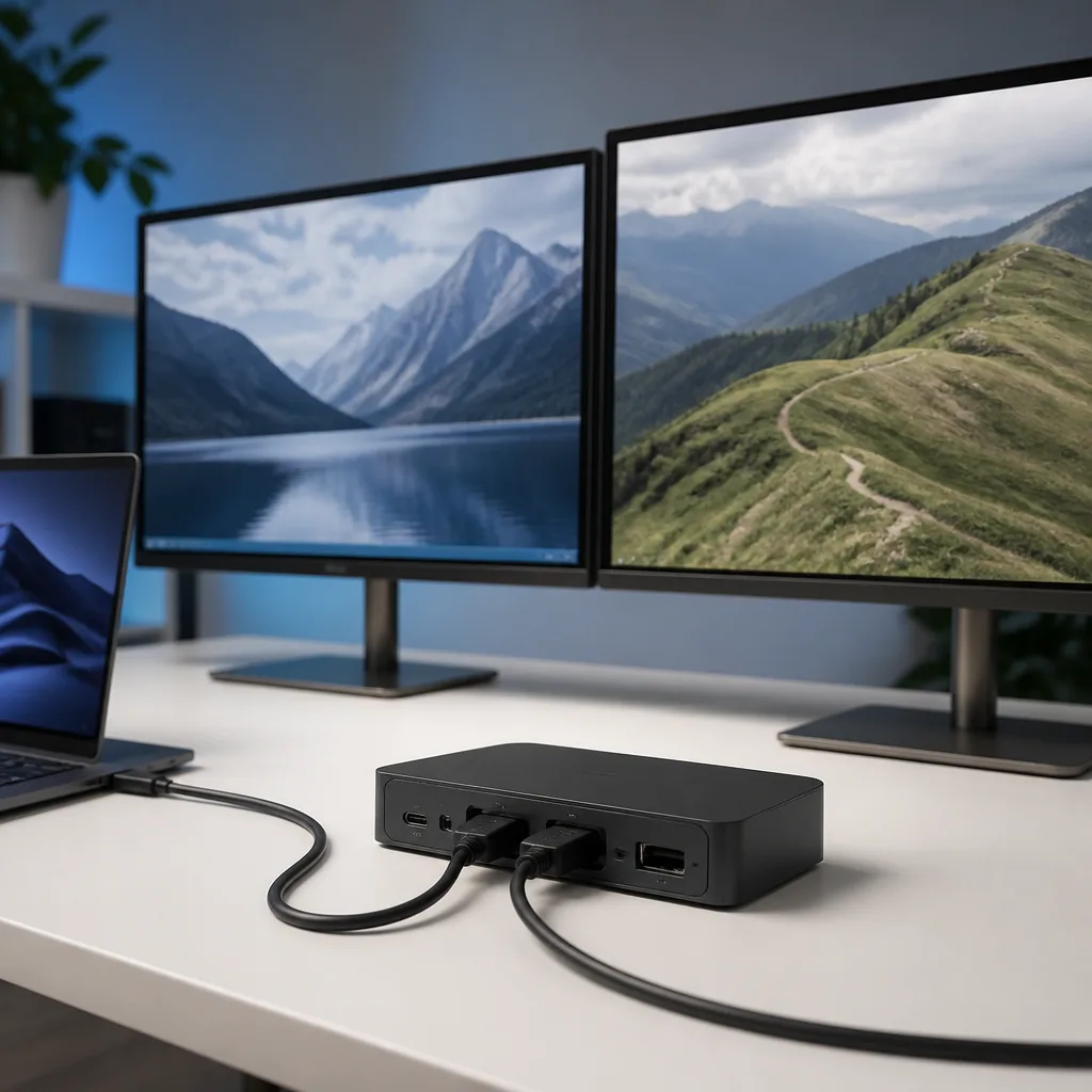 Two external monitors on a desk both connected through a single docking station